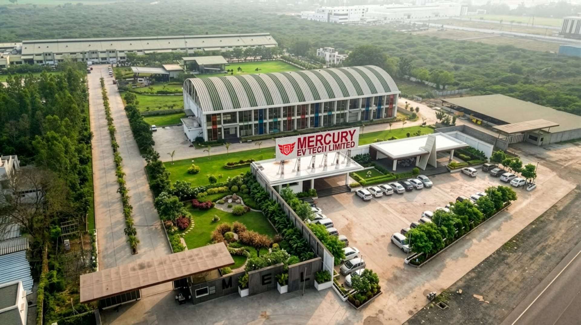 Aerial view of the Mercury EV Tech Limited manufacturing campus in Vadodara, Gujarat