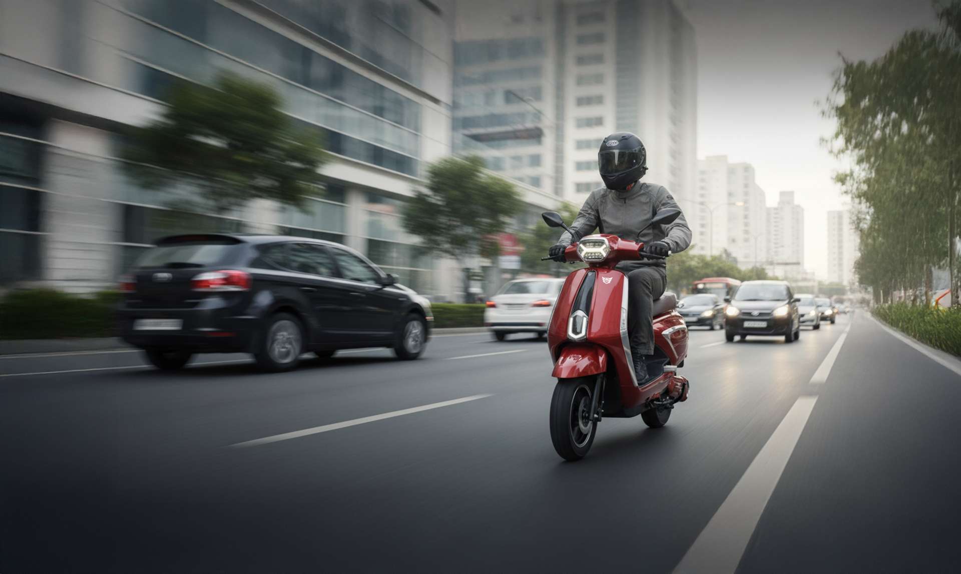 Rider on the red Mercury DLX electric scooter moving through city traffic
