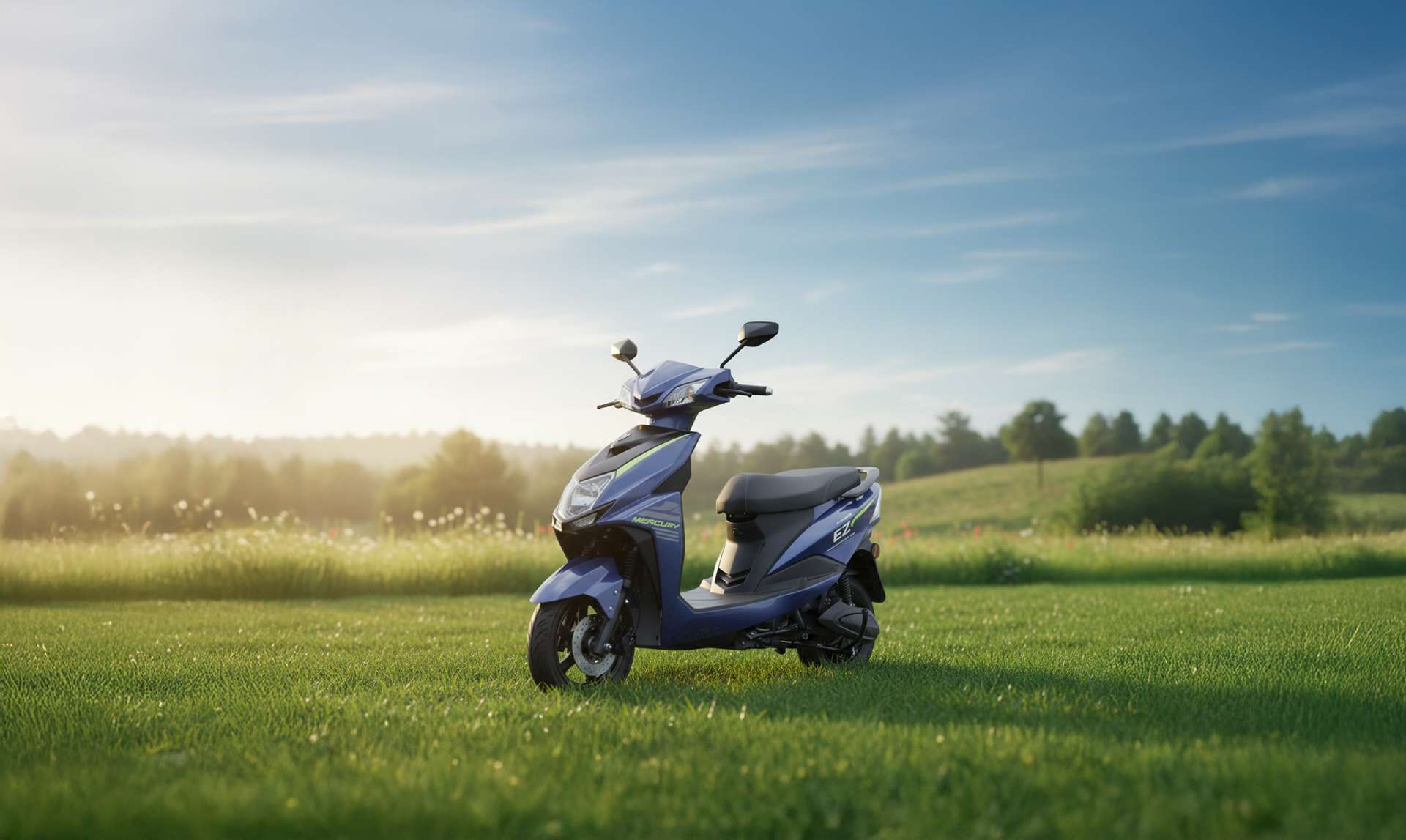 Mercury EZ electric scooter parked in an open green field under a blue sky