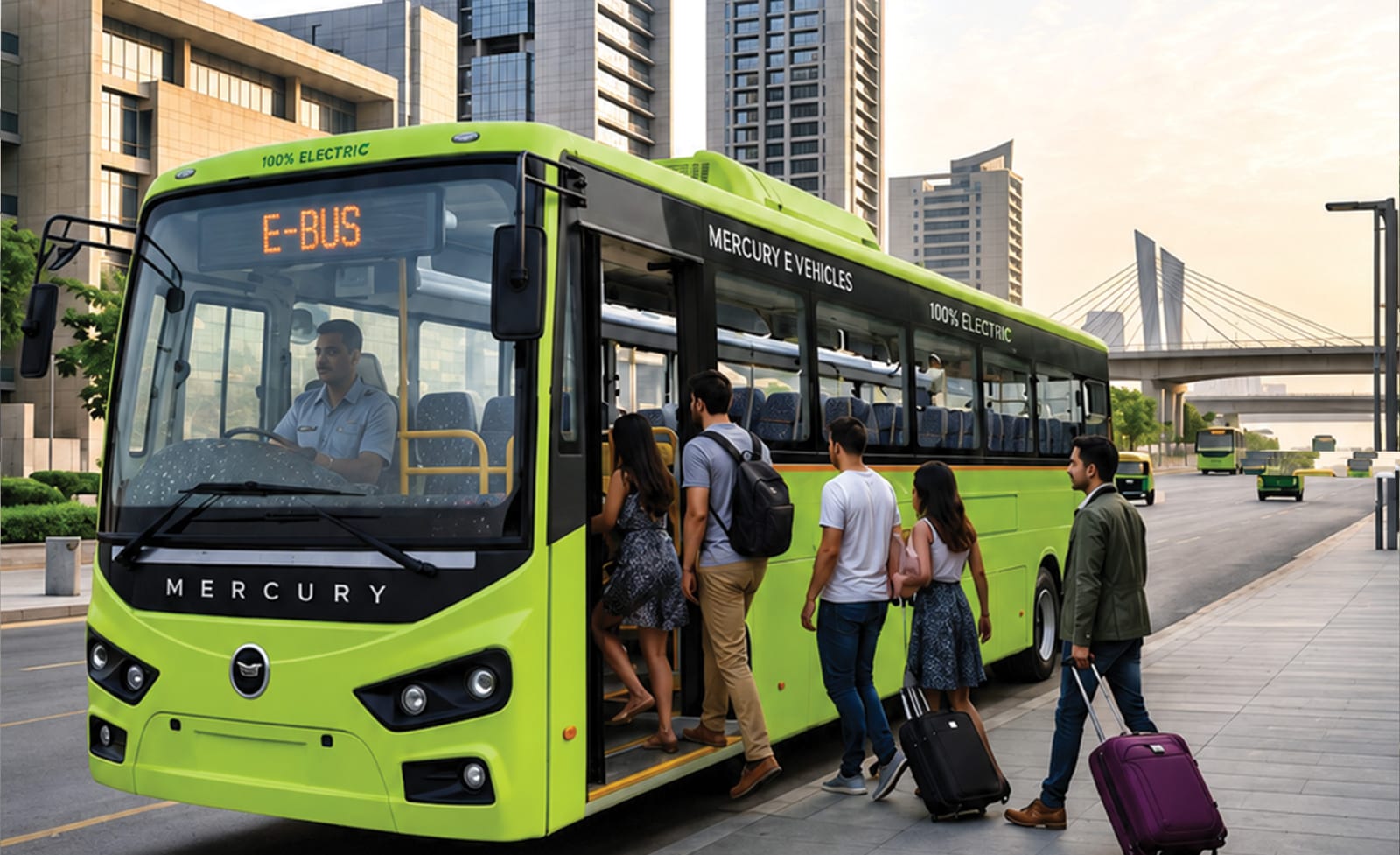 Passengers with luggage boarding a Mercury electric bus at a city kerb