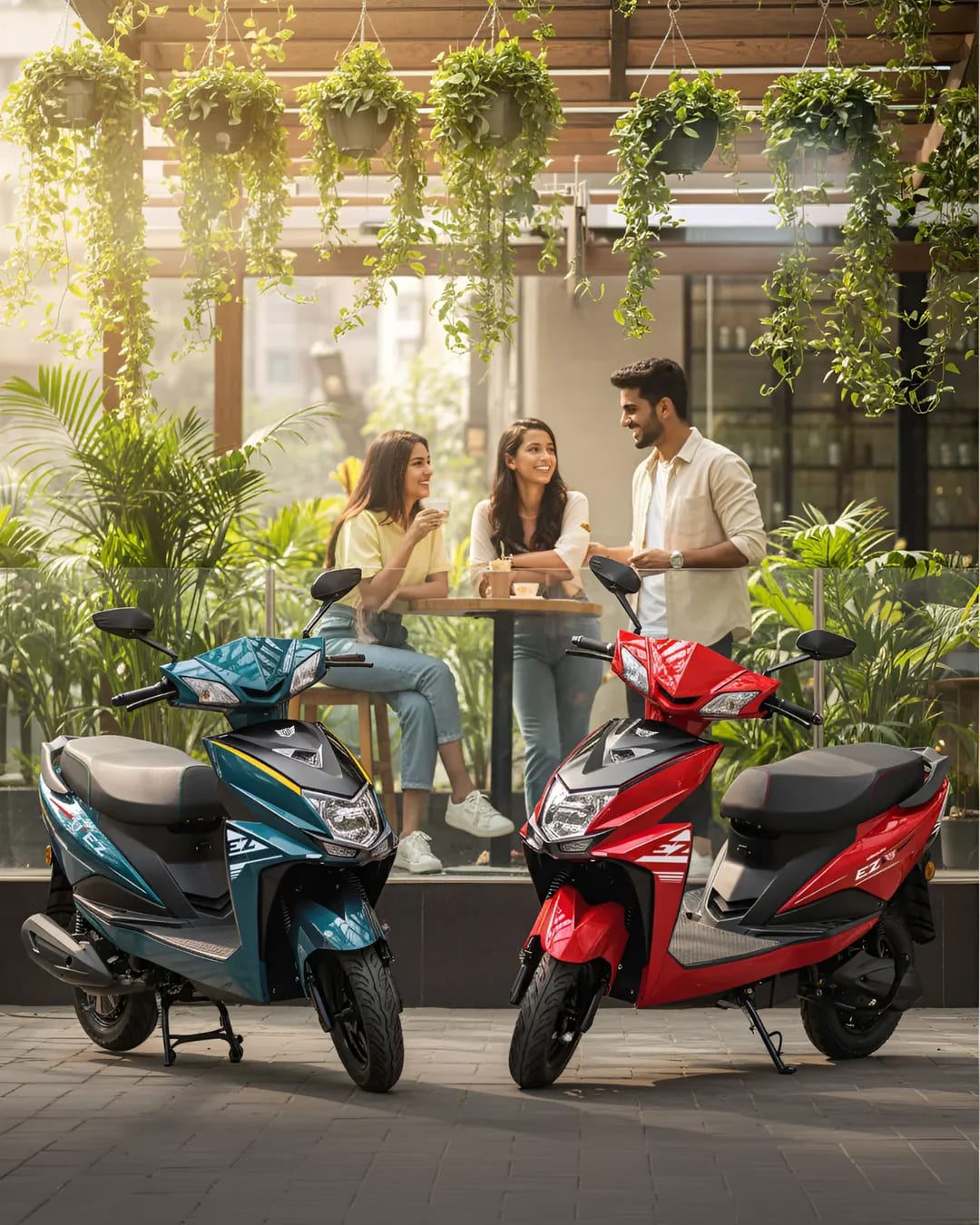 Two Mercury EZ Highspeed electric scooters parked outside a city café