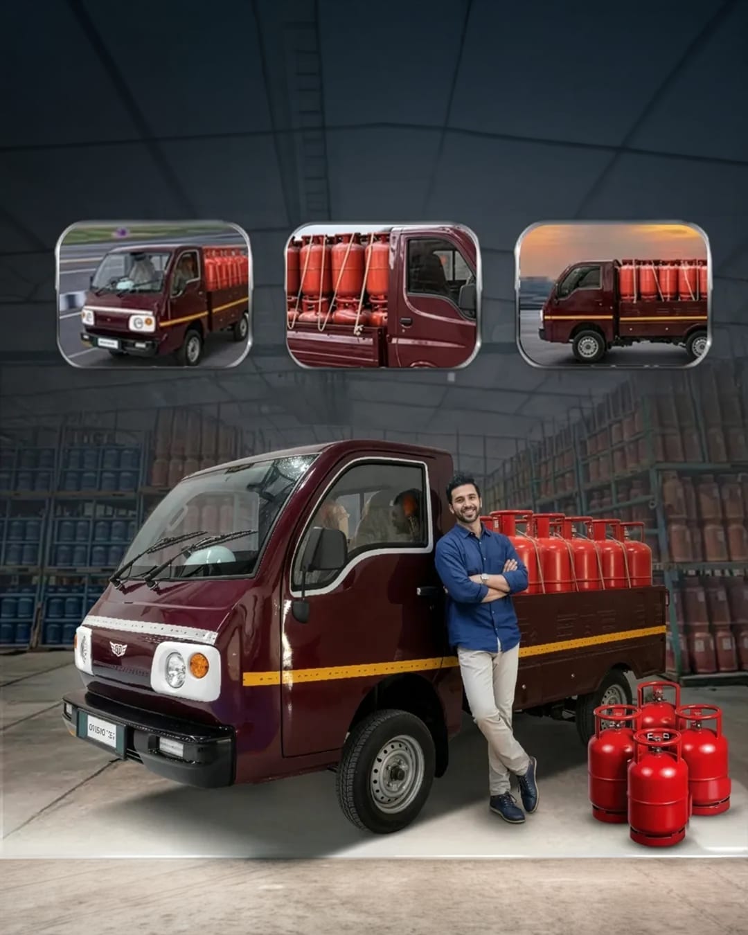 Mercury Mushak electric cargo loader carrying LPG cylinders at a distribution yard