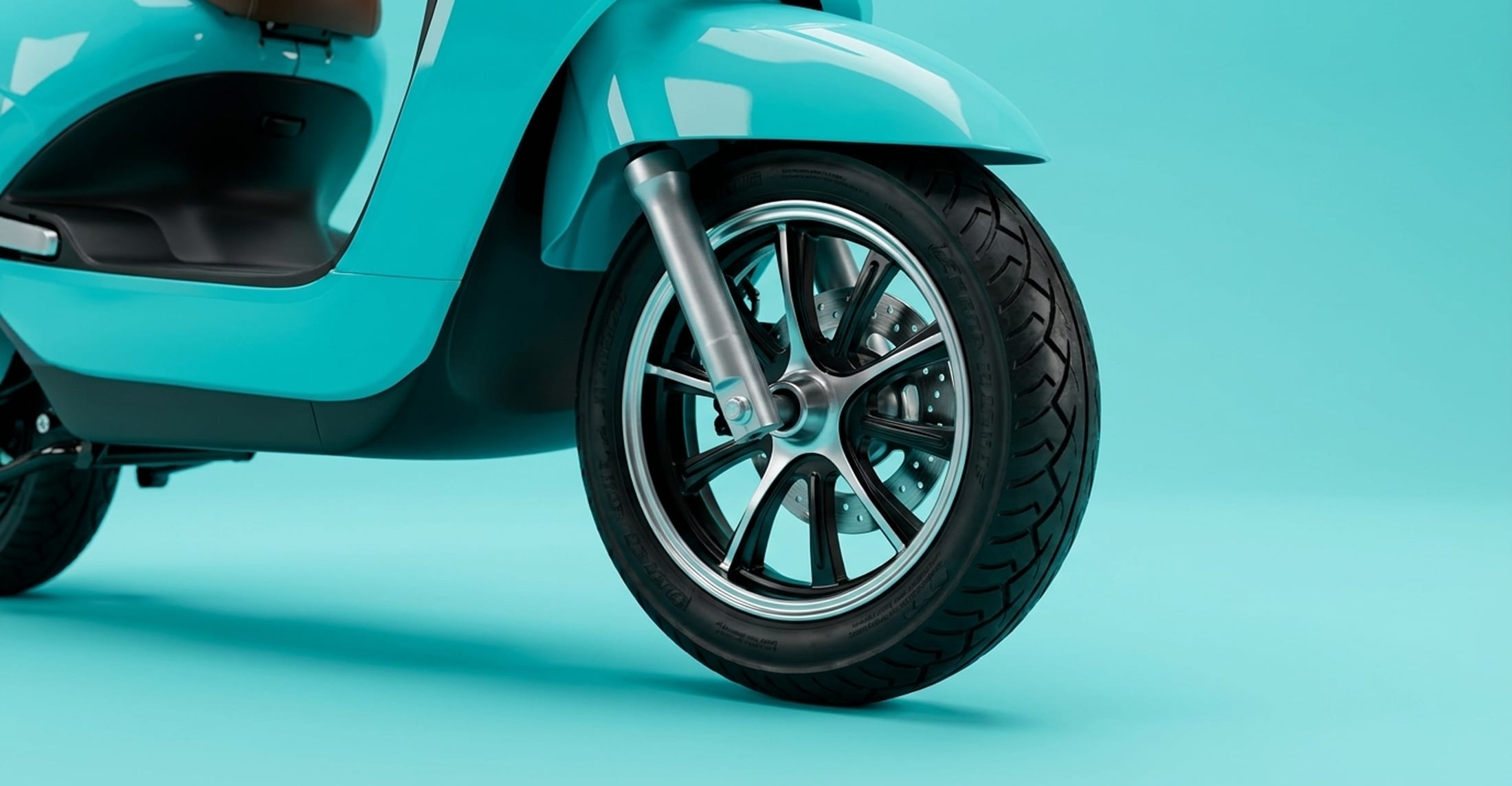 Front disc brake and alloy wheel on the Mercury DLX GOLD electric scooter