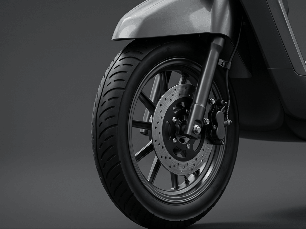 Front disc brake and alloy wheel on the Mercury DLX electric scooter