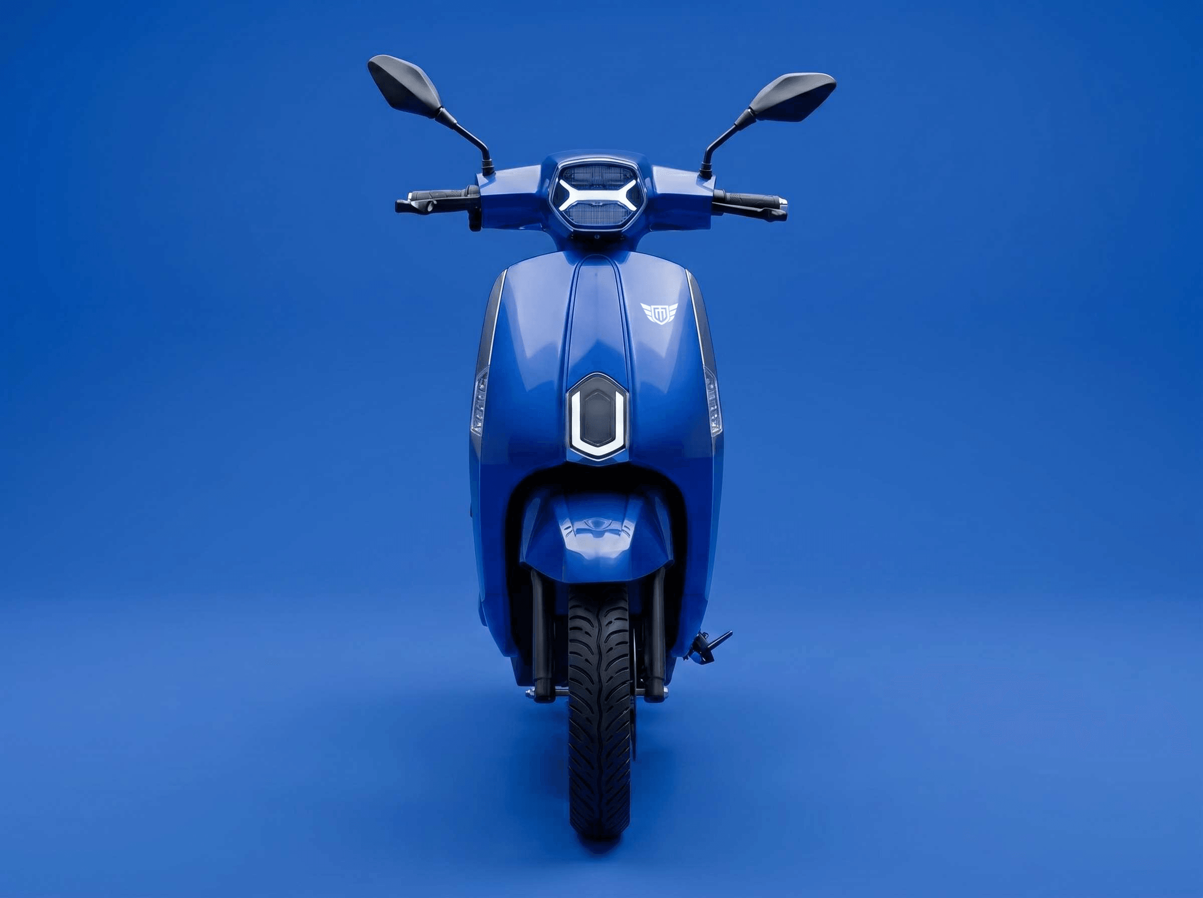 Mercury DLX electric scooter photographed head-on in blue