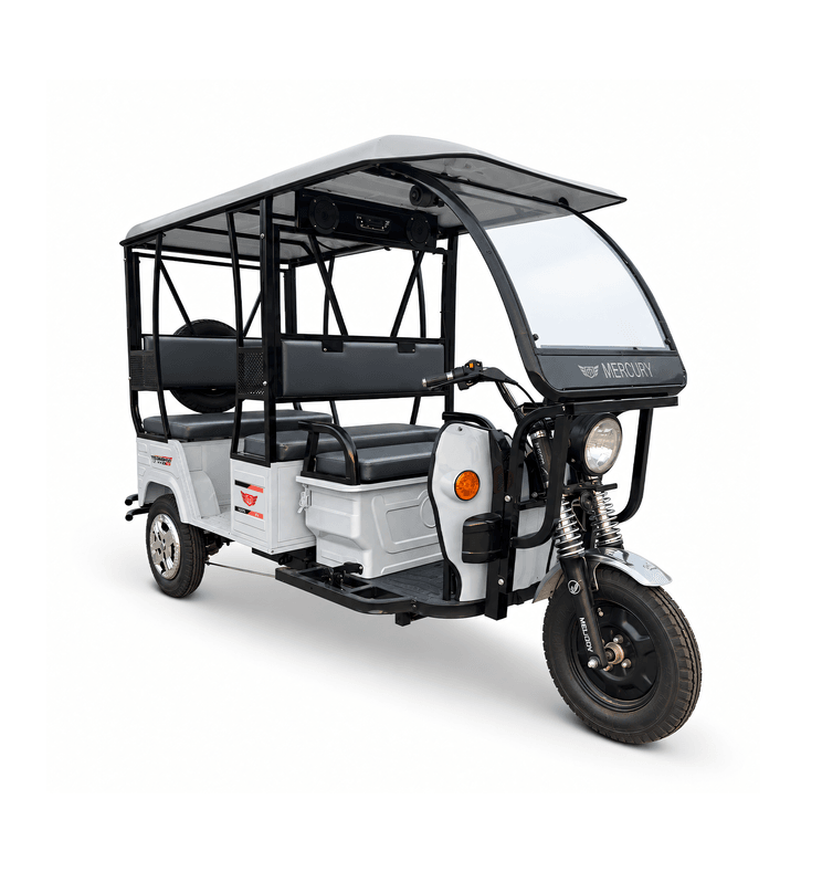 Mercury TEJASHVI NEO+ electric passenger auto in White, front three-quarter view