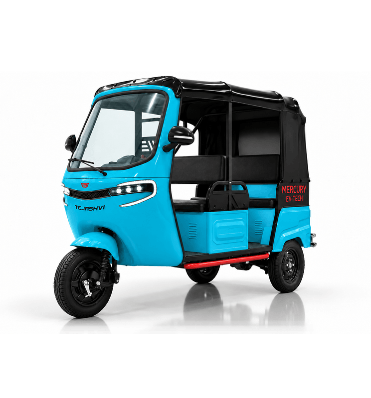 Mercury TEJASHVI electric passenger auto in Blue, front three-quarter view