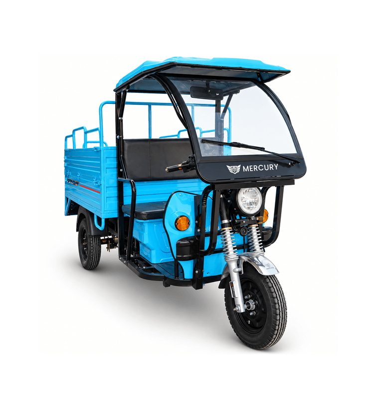 Mercury VOLTUS LEO+ electric passenger auto in Blue, front three-quarter view